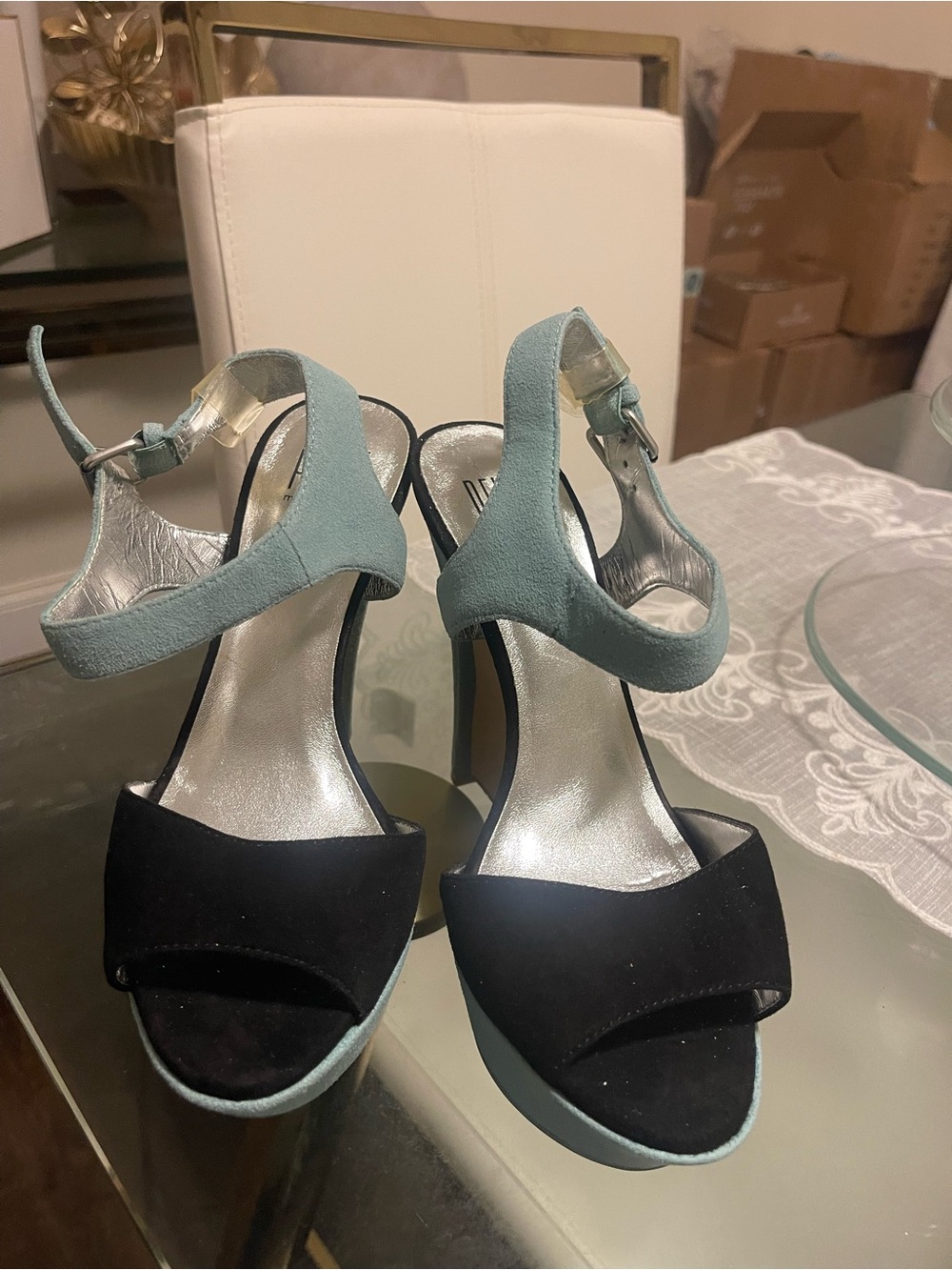 Pelle Moda Black and Sage Two-Tone Ankle-Strap Heels